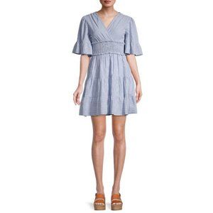 MAX STUDIO Blue Smoked Gingham Tiered Cotton Dress